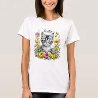 Watercolor Kitten in Yellow Flowers Personalized  T-Shirt