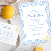 Chic Mediterranean Lemon Blue Tile Italian Wedding Invitation