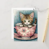 Beautiful kitten in a teacup  postcard