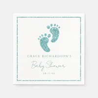 Teal Glitter Baby Feet Baby Shower Napkins 