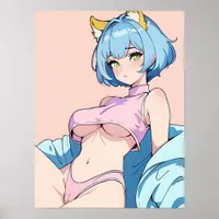 Sexy Anime Woman In Pink With Blue Hair Poster