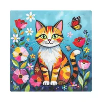 Impasto Cat, Flowers & Butterfly Metal Print