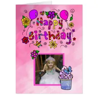 Happy Birthday Whimsical Flowers  Cupcakes Photo Card