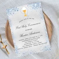 First communion silver blue boy invitation postcard