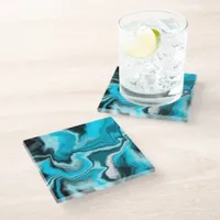 Blue, Black and White Marble Fluid Art   Glass Coaster