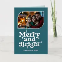 Teal Blue & Silver Merry & Bright Photo Christmas Foil Holiday Card