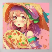 Pretty Anime Girl Holding a Pizza Poster