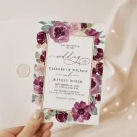 Elegant Modern Plum Gold Botanical Floral Wedding Invitation