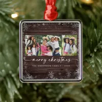 Rustic Wood Snowflake Photo Merry Christmas  Metal Ornament