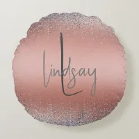 Rose Gold Brushed Metal Glitter Monogram | Round Pillow