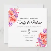 Peach Rose Violet Floral Watercolor Square Wedding Invitation