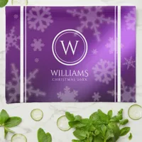 Festive Purple Foil Snowflakes Monogram Name Kitchen Towel