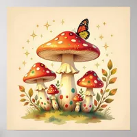 Retro Mushrooms and Butterfly | Vintage Colors Poster