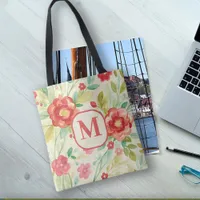 Vintage Floral monogram watercolor elegant  Tote Bag