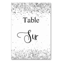 Silver white glitter calligraphy table six 6 table number