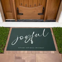 Joyful White Calligraphy Welcome Christmas Green Doormat