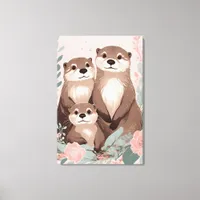 Adorable Otter Boho Pink Rose Mom Dad and Baby Canvas Print