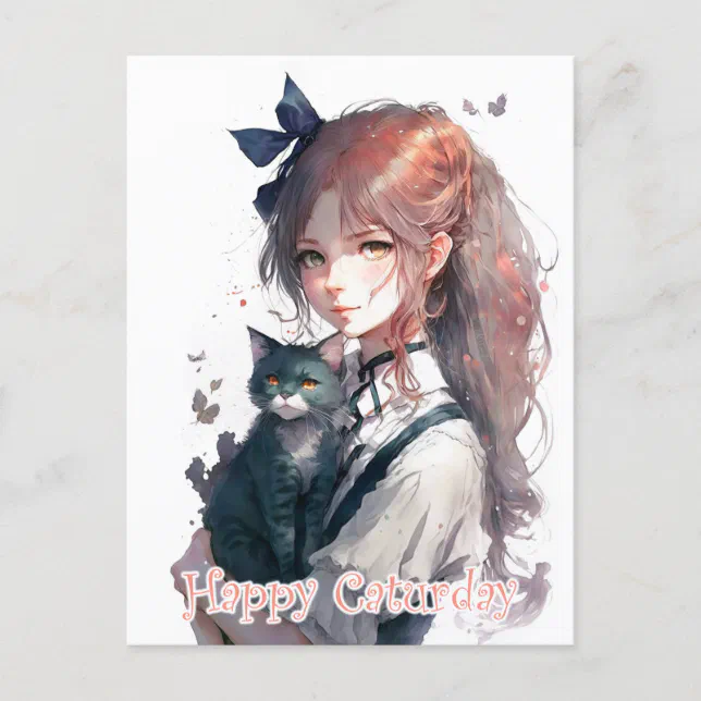 Happy Caturday Girl Holding Her Cat Watercolor Postcard