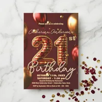 Glamorous Burgundy Red Gold Balloon 21st Birthday Invitation