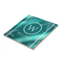 Festive Light Blue Foil Snowflakes Monogram Name Ceramic Tile