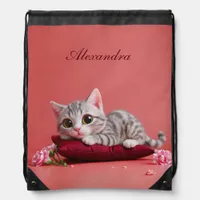 Cute January Cat with Carnations Drawstring Bag