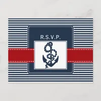 navy stripes, anchor, nautical wedding rsvp invitation postcard