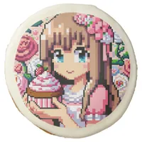 Pixel Art Girl's Pink Birthday Party Sugar Cookie