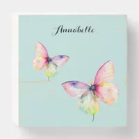 Delicate Pink Butterfly in Pastel Rainbow Colors Wooden Box Sign