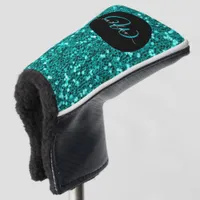 Stylish monogram aqua teal glitter name black golf head cover