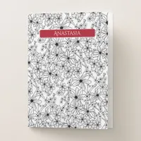 Hand Drawn Floral Black White Pattern & Red Name Pocket Folder