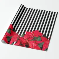 Christmas black white stripes red flowers wrapping paper