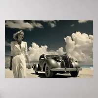 Woman in white walking on the beach in Miami Poster