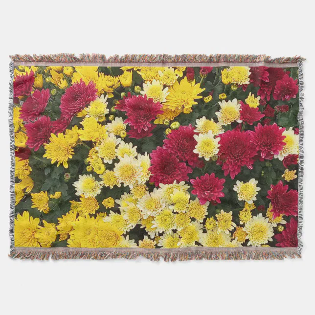 Stunning Red Gold Autumn Chrysanthemum Flowers Throw Blanket