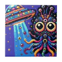 UFO and Alien Pixel Art Ceramic Tile