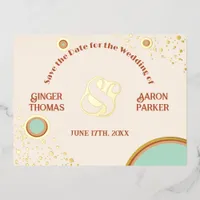 Retro Modern Circle 70s Aqua Wedding Save the Date Foil Invitation Postcard