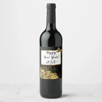 Happy New Year Gold Confetti and Bow Wine Label