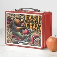 Bear Rides Fiercely on a Motorcycle Metal Lunch Box