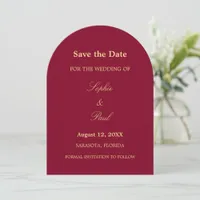 Burgundy Golden Beige Script Arch Save the Date