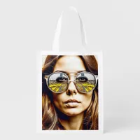 Cool Chick with Reflection of a Musical Festival  Grocery Bag