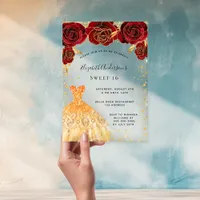 Sweet 16 red roses gold dress glitter clear acrylic invitations