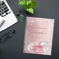 Blush pink floral silver glitter name script 2025 planner