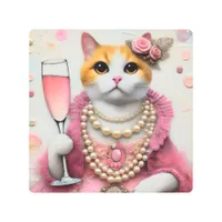 Adorable Cat Pink Dress With Pearls with Drink Metal Print