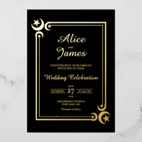 Crescent Moon Star Elegant Black Gold Foil Wedding Invitation