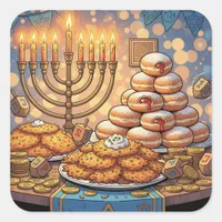 Hanukkah Potato Pancakes, Menorah and Jelly Rolls Square Sticker