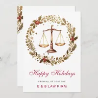 Gold Justice Scale Holly Wreath Law Firm Christmas Holiday Card