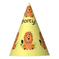 Cute lion in the grass with ladybug, kids birthday party hat