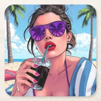Purple Bikini, Sunglasses and Bandana Woman  Square Paper Coaster