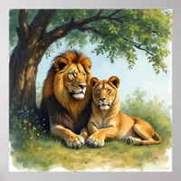 Lion and Lioness Under a Tree Poster