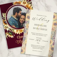 Sunflower Burgundy and Gold Custom Photo Wedding Foil Invitation