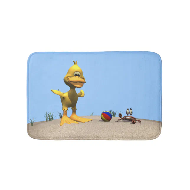 Cute Cartoon Duck and Crab on Beach Bathroom Mat